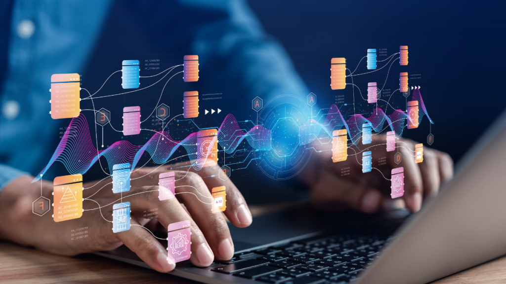 Hands typing on a laptop keyboard with an abstract, digital overlay graphic depicting data nodes, algorithms, and artificial intelligence.